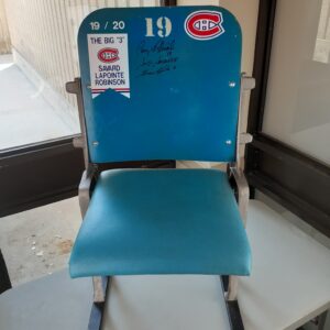 Montreal Forum Blue Single Seat with Team COA and 3 key signatures including s.savard, L.ROBINSON and G.lapointe front